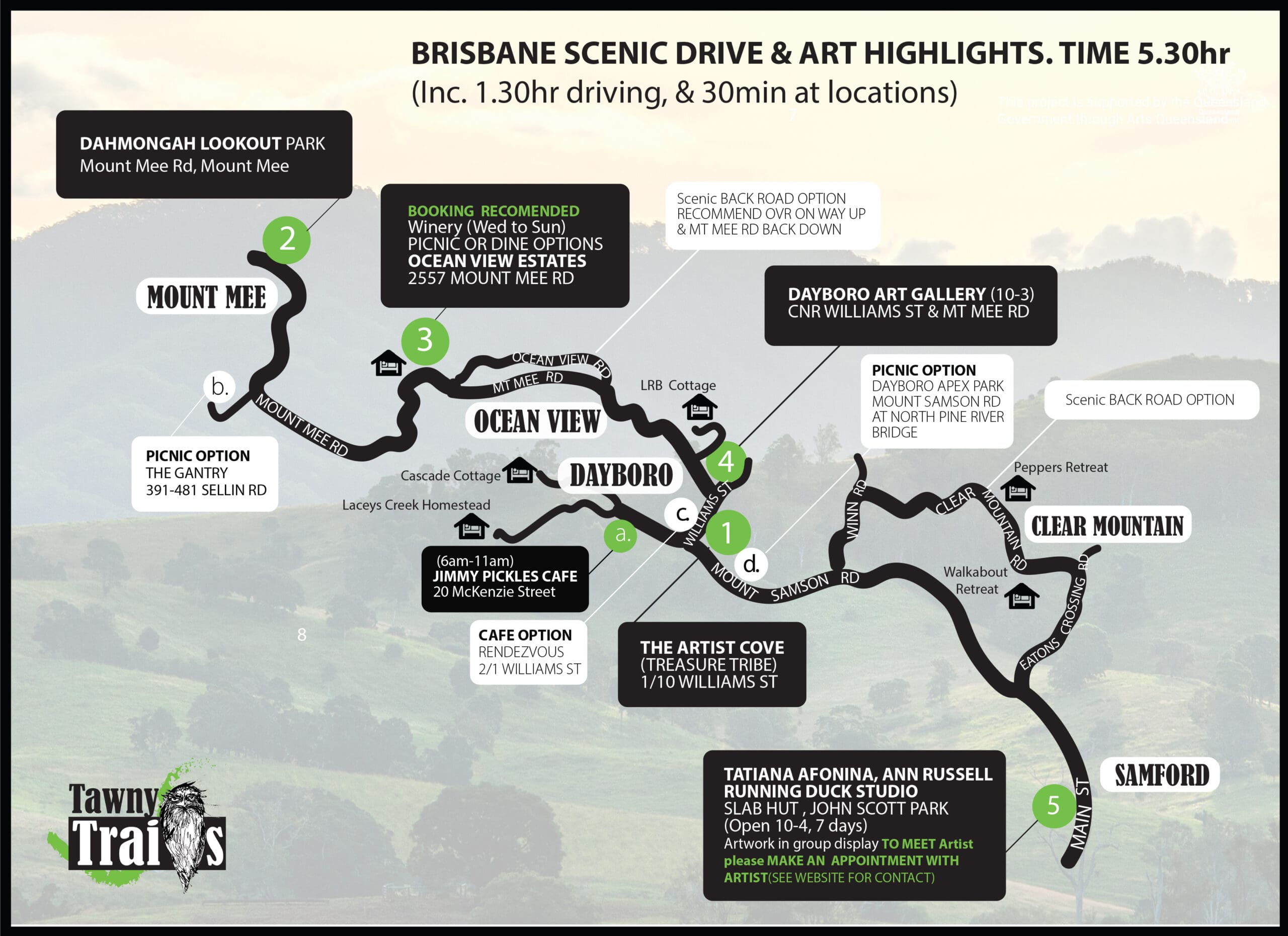 Tawny Trails Brisbane Scenic Drive and Arts Highlight Map